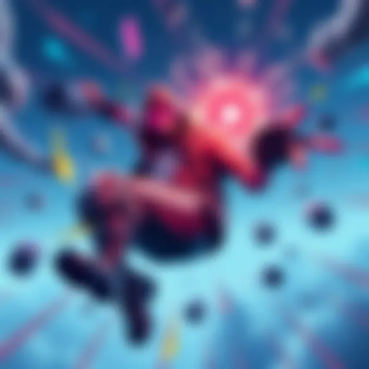 Fortnite character showing a dramatic death emote A Fortnite character falling dramatically with a humorous pose, showcasing a death emote, surrounded by colorful graphics