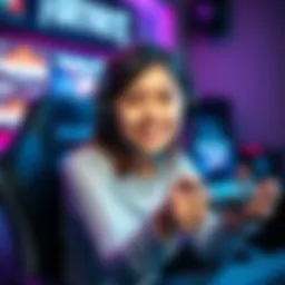 A young woman holding a gaming controller, looking for a Fortnite duo partner. She is in a gaming setup, wearing a headset and smiling at the camera.