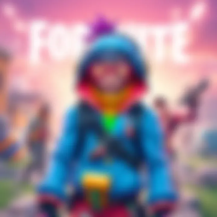 A Fortnite character wearing EsdeeKid's unique style outfit with bright colors and cool accessories, set in a vibrant game environment.