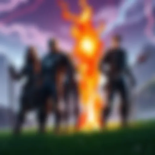 A group of Fantastic Four characters standing together in Fortnite style, showcasing their unique powers in a colorful environment.