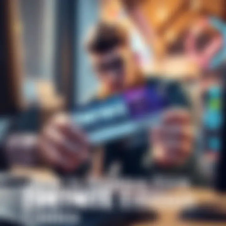 A gamer holding a Fortnite Founders Edition code card while checking details on a computer