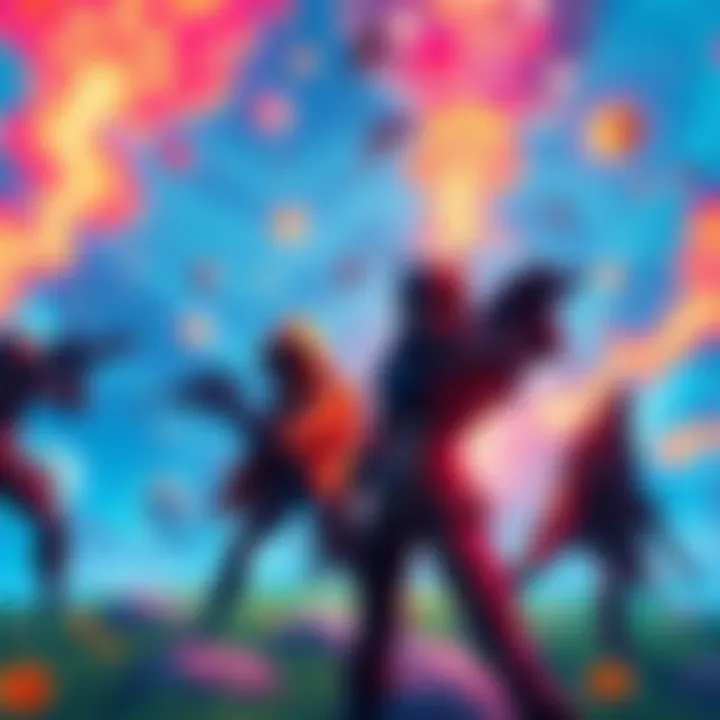 A colorful Fortnite battle scene with characters engaging in gameplay, highlighting the game's vibrant world and action.