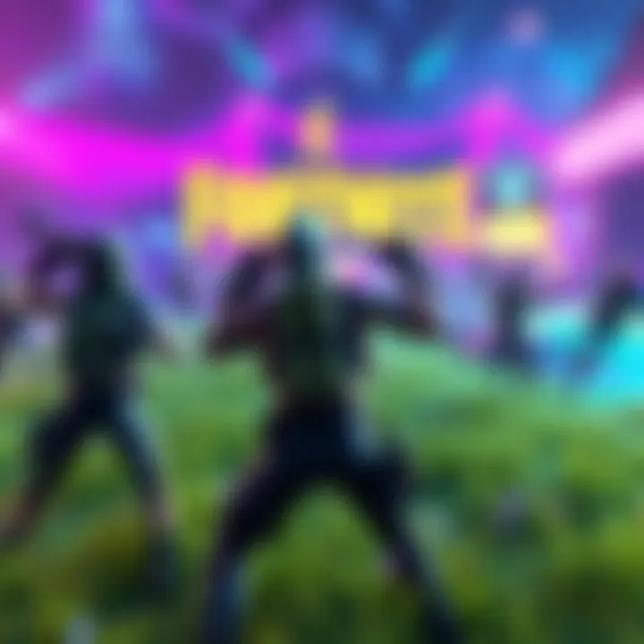 A vibrant Fortnite scene showing characters in action with colorful graphics and a lively atmosphere.