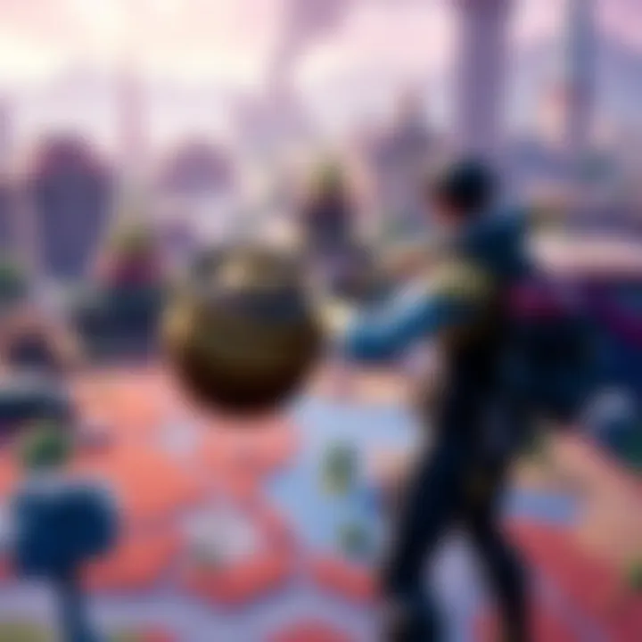 A Fortnite character mistakenly holding a large pot while exploring a colorful map, with buildings in the background being destroyed for fun.