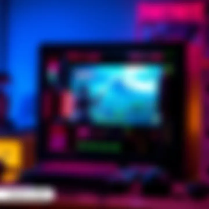 A gaming PC setup displaying Fortnite on the screen, showcasing hardware components like CPU and GPU