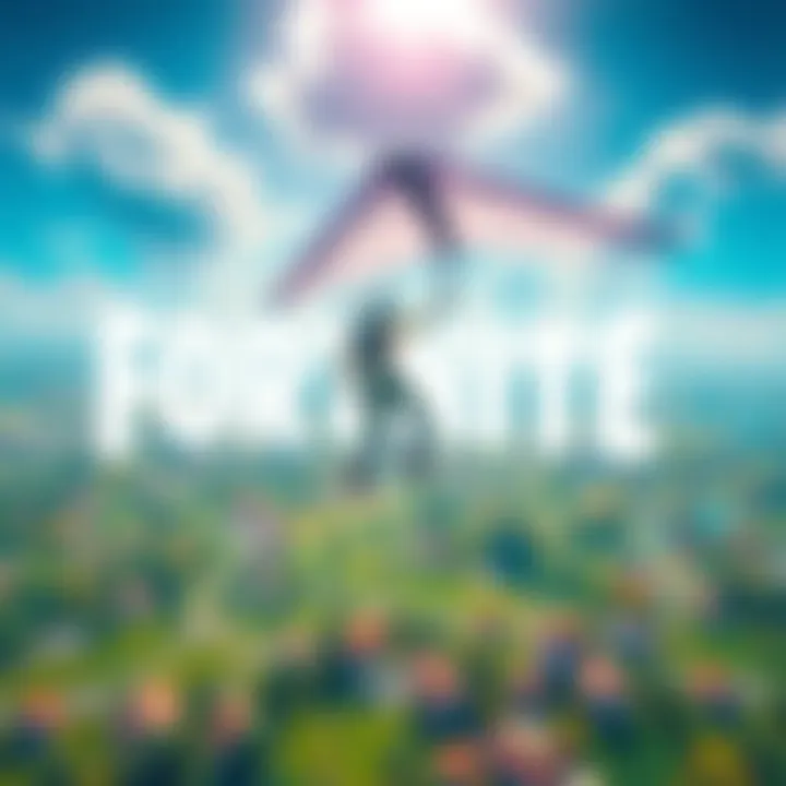 A character in Fortnite using a glider, soaring through the sky above a vibrant battlefield.