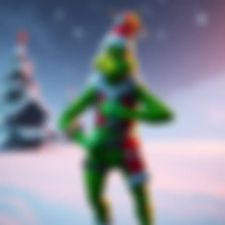 A Fortnite character dressed as the Grinch with a green costume and mischievous grin, standing in a snowy environment.