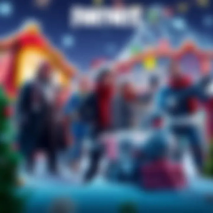 Fortnite characters with Home Alone theme Fortnite characters dressed in holiday attire inspired by Home Alone, surrounded by iconic movie elements like a toy train and holiday decorations.