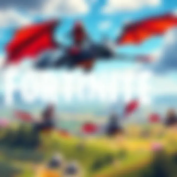 A colorful scene showing Fortnite characters in How to Train Your Dragon outfits flying on dragons over a vibrant landscape.