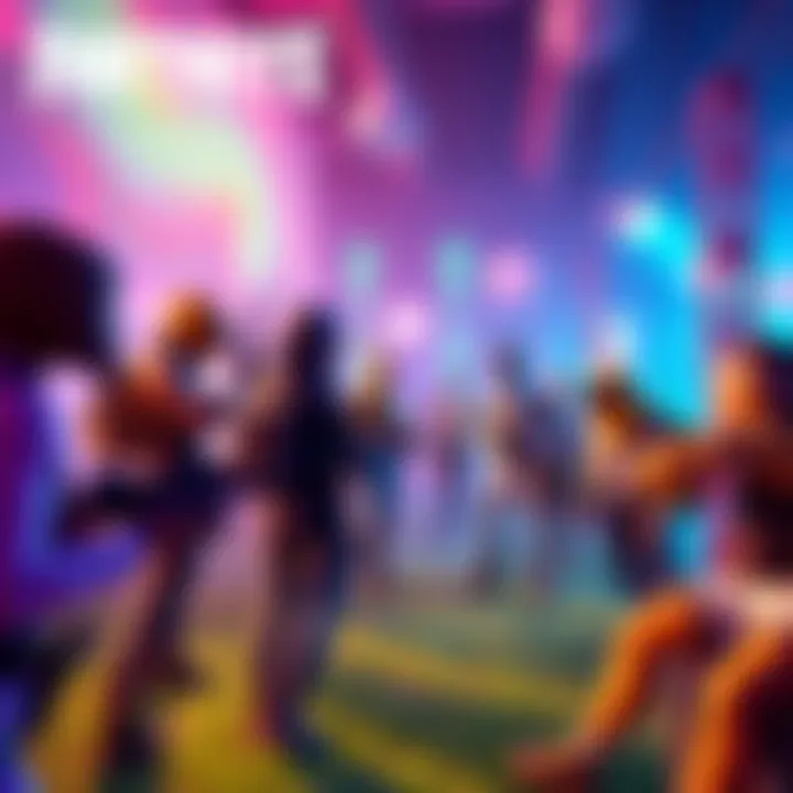 A colorful scene from Fortnite showing players in a vibrant game environment, some dressed as impostors, engaging in gameplay and communication, reflecting nostalgia for the Impostors mode.