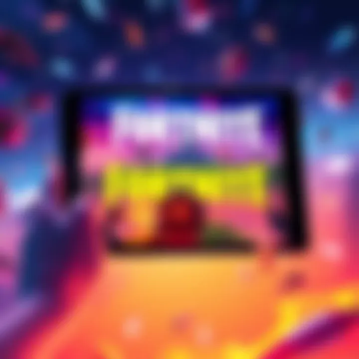 A creative depiction of Fortnite gameplay on an iPad with vibrant colors and action scenes.