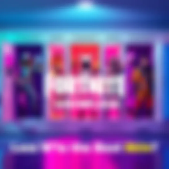 A colorful display of various Fortnite skins in a locker setup, showcasing popular characters and styles.