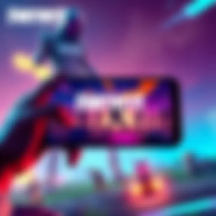 Fortnite Mobile Launch on Google Play A smartphone displaying the Fortnite mobile game interface with colorful graphics, showing characters in battle