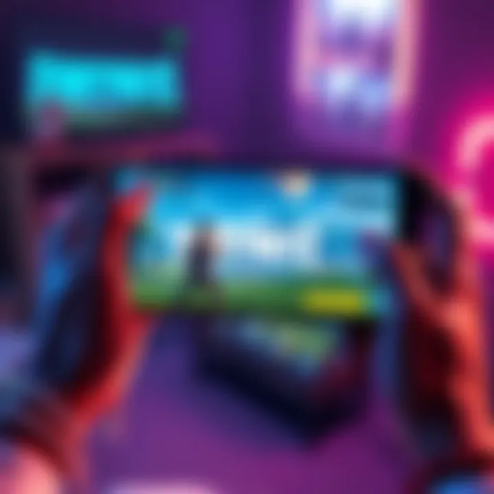 A player holding a smartphone displaying Fortnite mobile gameplay