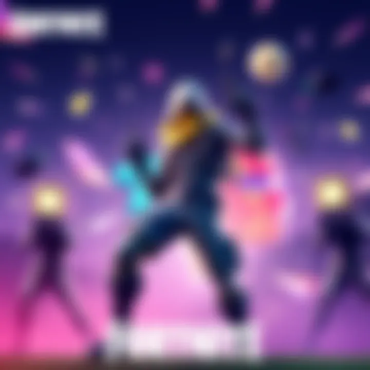 A character performing the Peacemaker emote in Fortnite, surrounded by colorful graphics and game elements