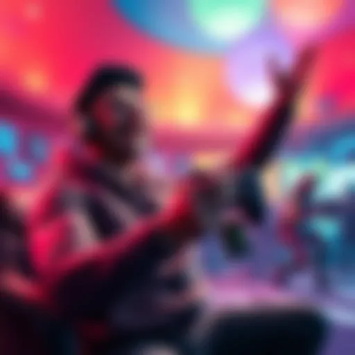 A Fortnite player in a colorful virtual environment, smiling and holding a controller, as they decide to let their opponent keep the winnings from a wager