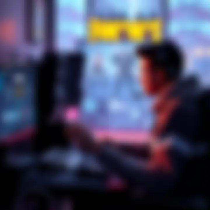 Fortnite player focusing on rank placement A Fortnite player frustrated with ranking, sitting at a gaming setup with a controller, looking at a screen displaying bronze rank