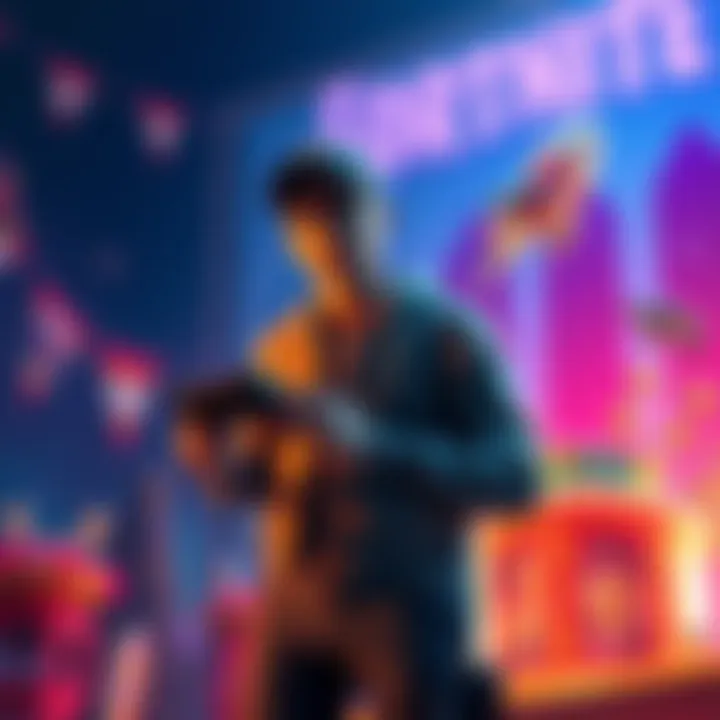 A long-time Fortnite player stands with a controller in hand, looking reflective and nostalgic, surrounded by Fortnite-themed decorations in the background.