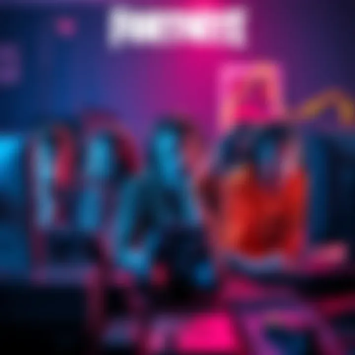 Group of gamers showing frustration while playing Fortnite, surrounded by gaming equipment and consoles