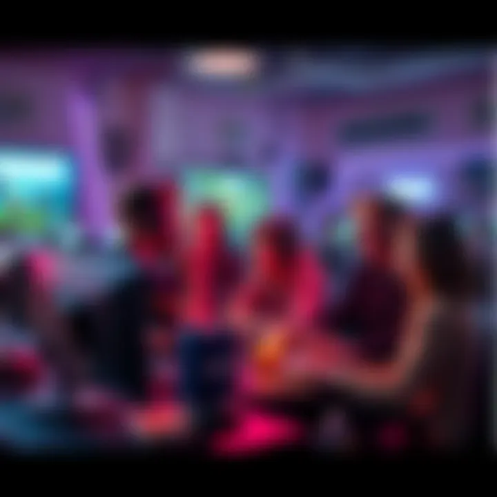 A group of Fortnite players gathered around gaming consoles, excitedly discussing their weekly V-Bucks purchases, showing enthusiasm for in-game items.