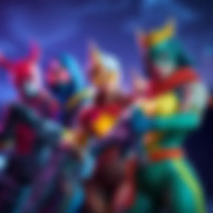 Players wearing superhero and attractive woman skins in Fortnite Blitz, showcasing their gameplay while farming crowns