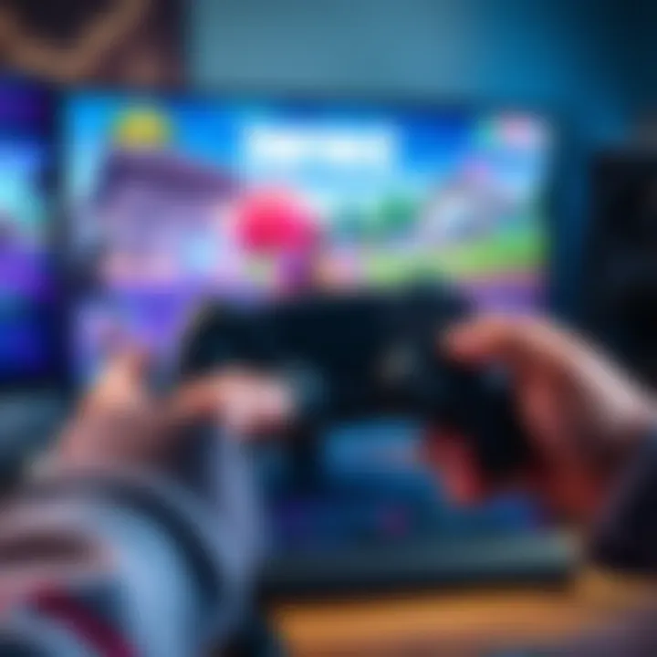 Person playing Fortnite on PC with PS4 controller A gamer using a PS4 controller to play Fortnite on a PC, showing the game screen and controller setup