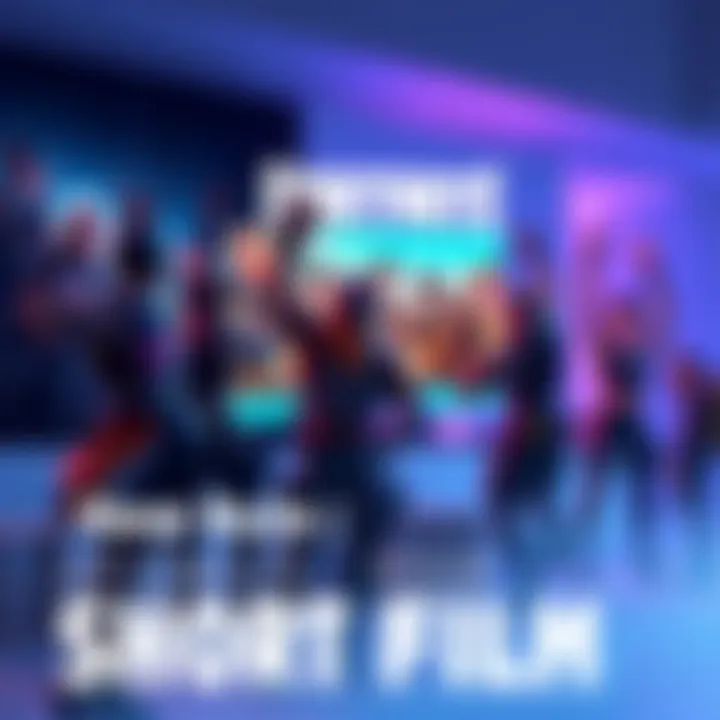 A group of players celebrating while showcasing their Fortnite short films on a digital screen