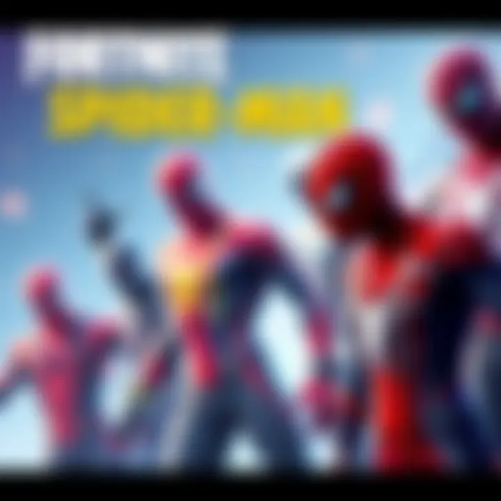 A colorful display of various Spider-Man skins from Fortnite, showcasing their unique designs and styles, with some skins highlighted for their popularity.