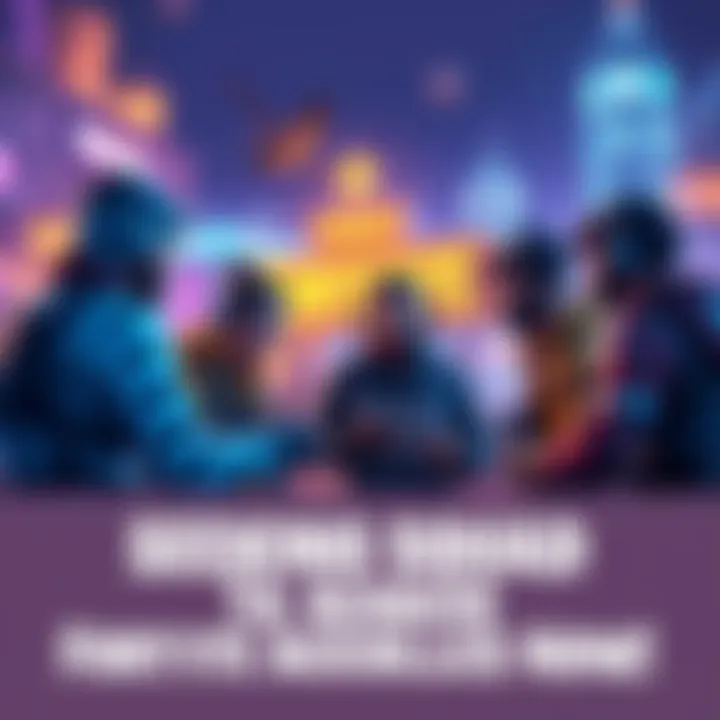 A group of Fortnite players discussing strategies, focused on achieving accolades, with exciting game elements in the background.