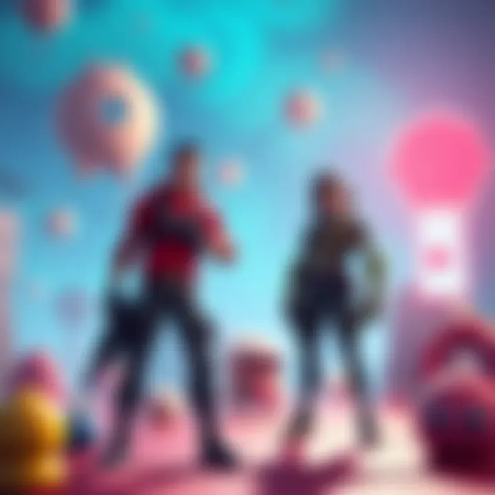 Fortnite and Squid Game Collaboration A graphic showing Fortnite characters in a Squid Game setting without their skins, featuring iconic game elements like the giant doll and shapes from the show.