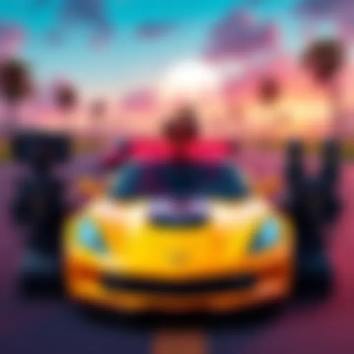 Players earning rewards in Fortnite's Summer Road Trip event, featuring the Chevrolet Corvette ZR1 and various emotes and sprays