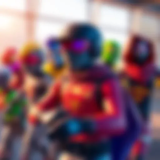 Colorful Fortnite characters wearing superhero skins, showing excitement in a playful gaming environment