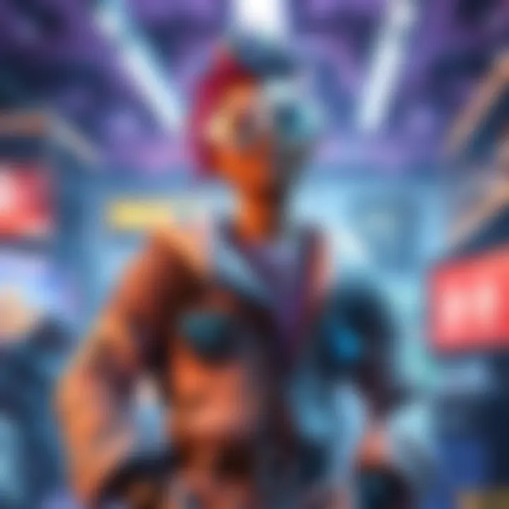 A Fortnite character with colorful hair and stylish outfits, inspired by the hip-hop artist Tekashi69, posing in a dynamic gaming setting