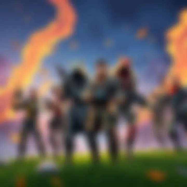 Imaginary scene featuring popular TLOU characters integrated into a Fortnite battle, showcasing unique outfits and weapons in a vibrant game setting.