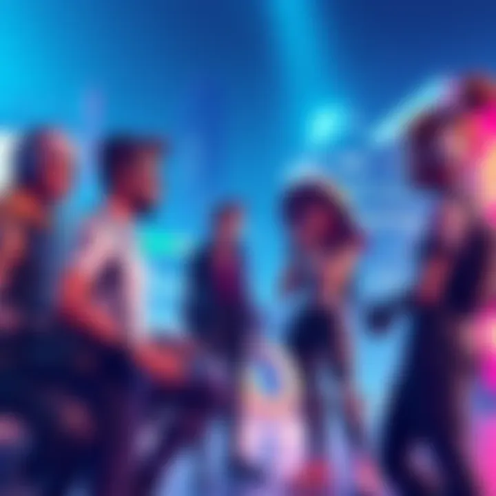 Fortnite characters trading skins Fortnite characters discussing trading unused skins with friends in a vibrant in-game setting