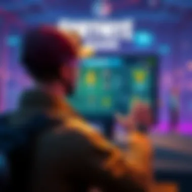 A Fortnite player looking at a screen with V-Bucks and skins on display, excited about earning more V-Bucks for exclusive items.