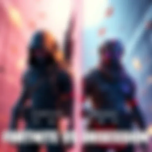 Fortnite and Obsession Comparison Side by side comparison of Fortnite character and Obsession character in a vibrant gaming setting