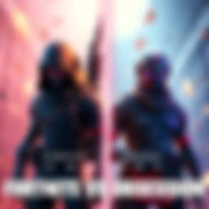Fortnite and Obsession Comparison Side by side comparison of Fortnite character and Obsession character in a vibrant gaming setting