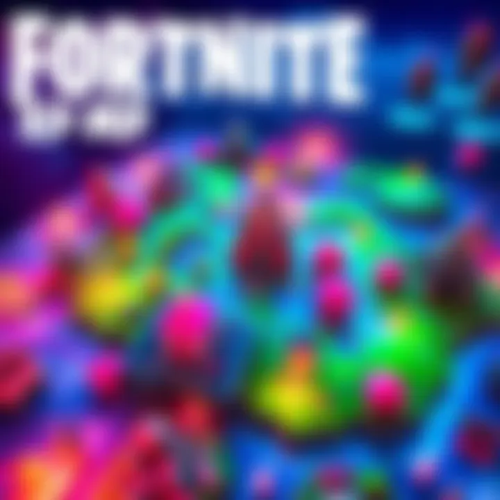 A colorful Fortnite XP map showing various areas for players to explore and gain experience points.