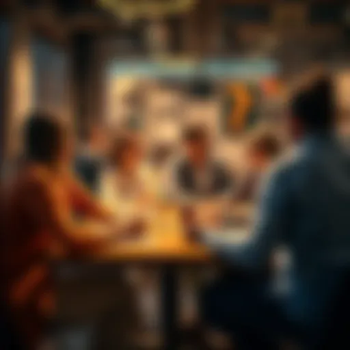 A group of diverse people engaged in a lively discussion around a table, sharing ideas and opinions about various topics, symbolizing the influence of forum answers on decision-making.