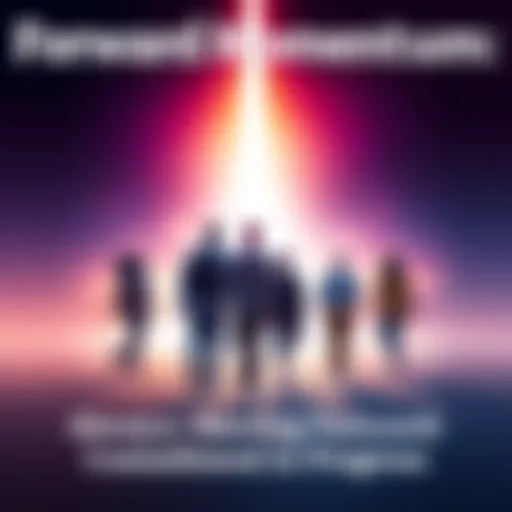 A diverse group of people walking towards a bright horizon, symbolizing progress and growth.