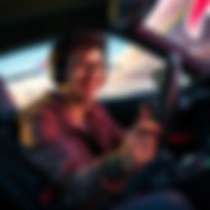 Player with Steering Wheel A gamer happily completing Forza Horizon 4 using a steering wheel setup, surrounded by racing visuals.