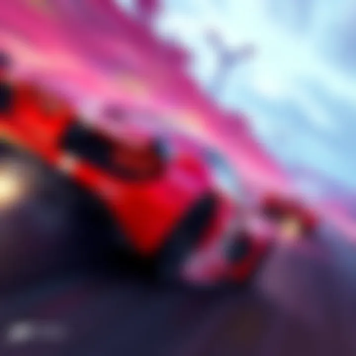 A high-speed racing scene in Forza Horizon 5 showcasing detailed graphics with bright colors and dynamic motion