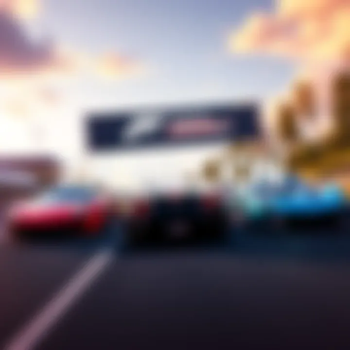A vibrant scene showing cars from Forza Horizon 5 racing on a virtual road with a sales milestone banner above them.