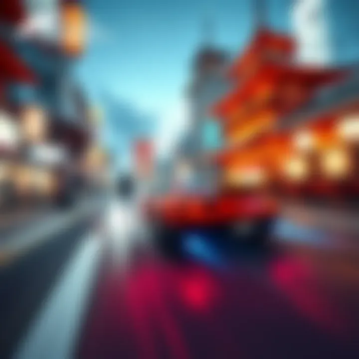 A car speeding on a vibrant street in Japan, showcasing stunning city lights and traditional architecture