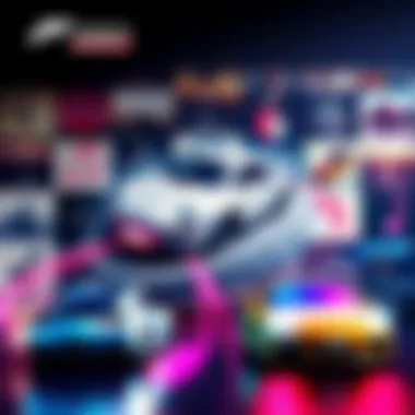 Forza Horizon 6 Music Selection A collage of album covers representing the diverse soundtrack of Forza Horizon 6, featuring cars and vibrant music notes.