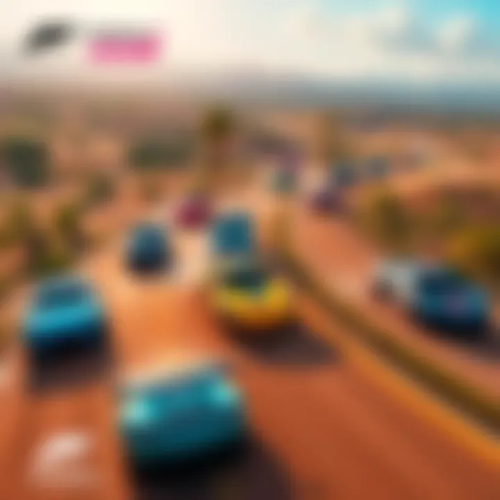 Cars racing through a vibrant Mexican landscape A variety of colorful cars speeding through deserts and jungles in Forza Horizon 5's Mexico setting