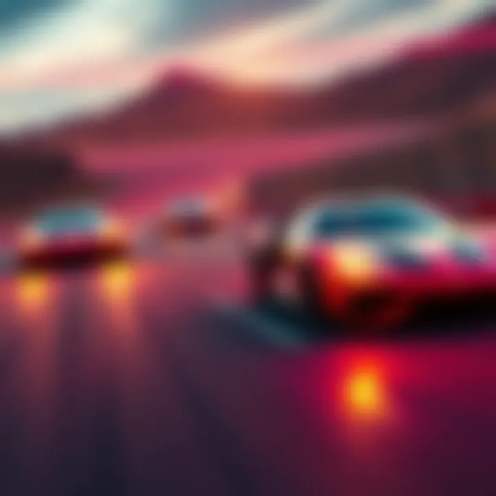 Cars from Forza Horizon 5 racing on a vibrant track, showcasing the excitement of the game.