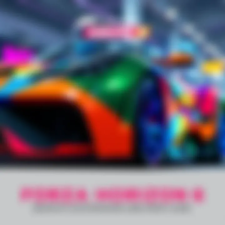 A close-up view of a customized car in Forza Horizon 6, showcasing vibrant colors and unique design features.