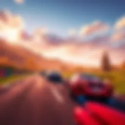A vibrant scene from Forza Horizon 6 showing cars racing through a scenic environment with graphics issues highlighted